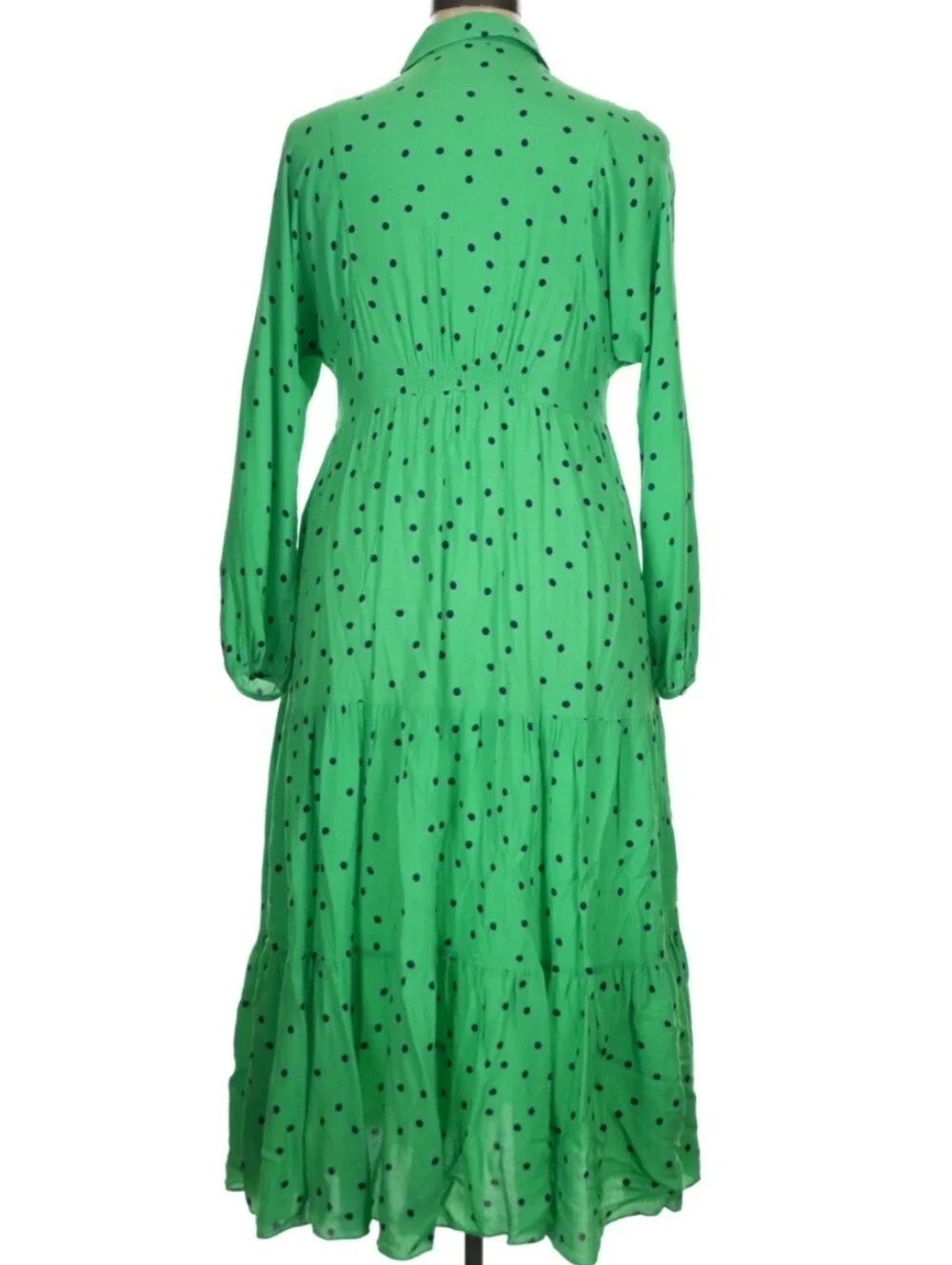 Mint Velvet maxi dress polka dot, ruffled layers, button-front, long sleeve
